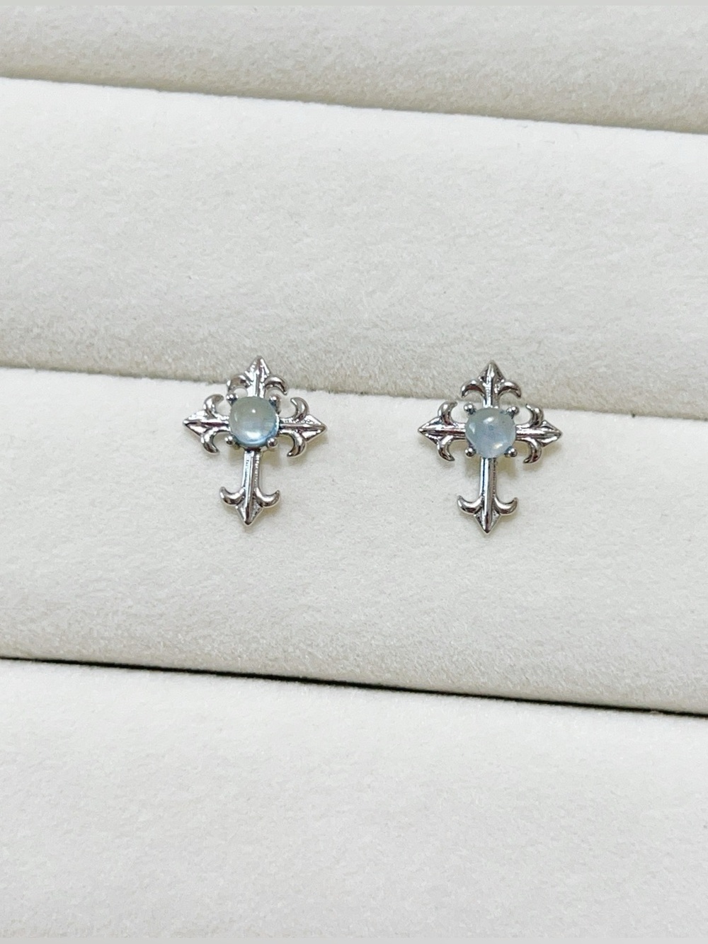 Silver Cross Natural Blue Aquamarine Stone Stud Earrings Silver Plated